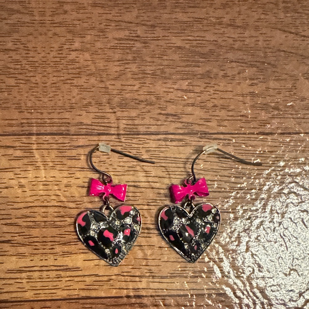 Betsey Johnson Pink and Black Heart Earrings